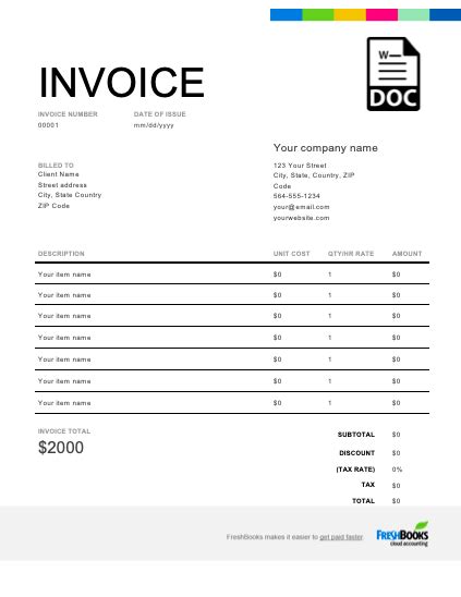 Free Microsoft Word Invoice Template 100 Customizable Freshbooks