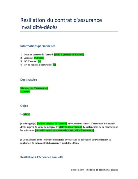Résiliation du contrat d assurance invalidité décès DOC PDF page 1
