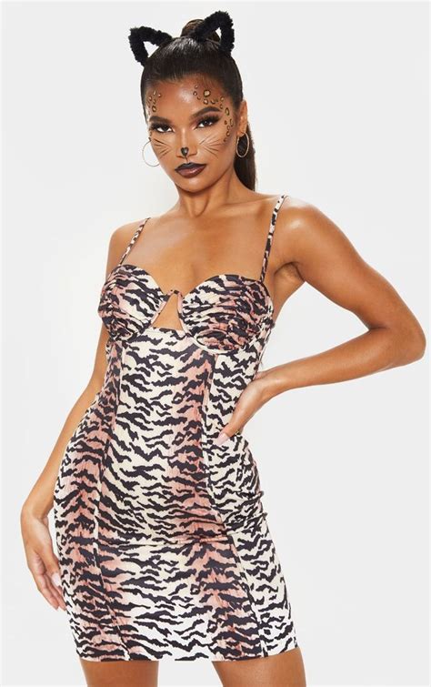 Tiger Print Ruched Bust Under Wired Bodycon Dress Bodycon Dress