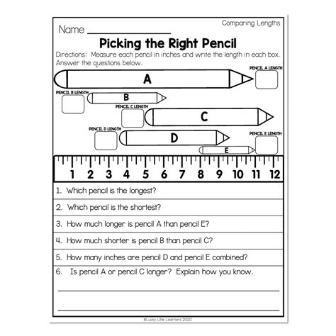 2nd Grade Math Worksheets Measurement Comparing Lengths Picking The Right Pencil Lucky