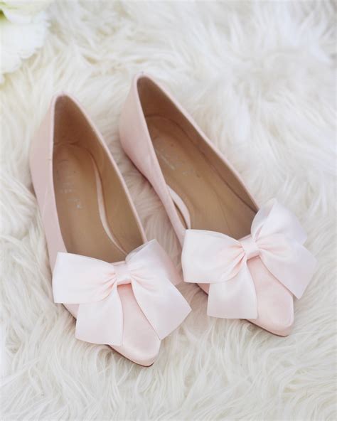 dusty pink satin pointy toe flats with oversized satin bow womens wedding shoes bridesmaid