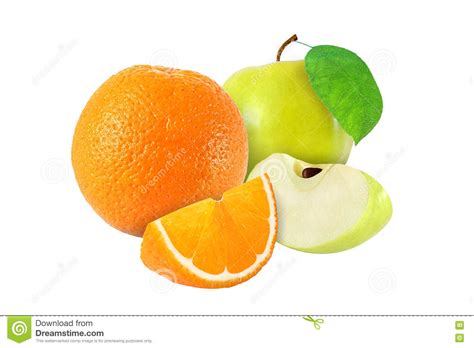 Cut And Whole Apple With Leaf And Orange Fruits Isolated Stock Photo