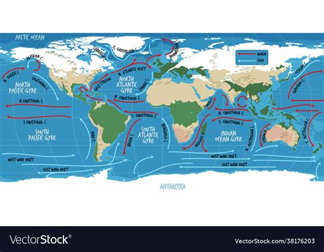 Ocean Current World Map With Names Royalty Free Vector Image