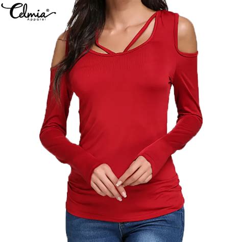 celmia top fashion sexy off shoulder blouses women long sleeve lace up tops casual deep o neck