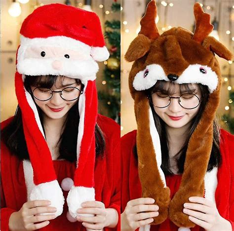 2pcs Christmas Hats Plush Christmas Caps The Ear Can Move Up And Down