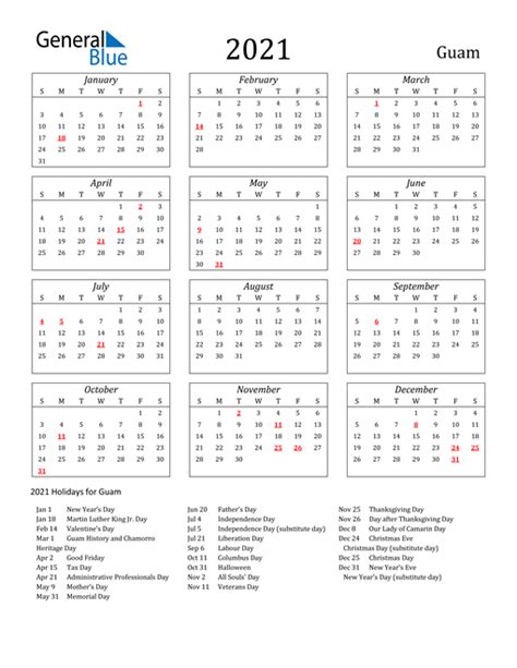 Download excel and design calendar of your choice. 2021 Calendar - Guam with Holidays