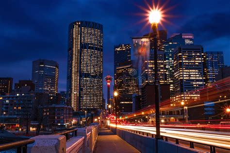 Light Trails In Downtown Calgary Editorial Photography Image Of Tower