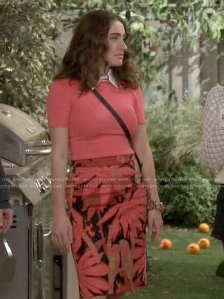 Wornontv Jackies Palm Leaf Print Pencil Skirt And Coral Top On Call Your Mother Rachel