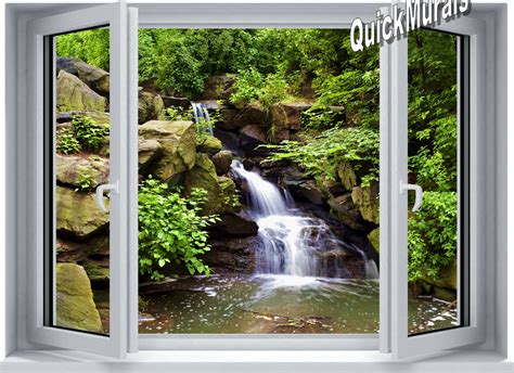 Mountain Waterfall Window One Piece Peel And Stick Canvas Wall Mural