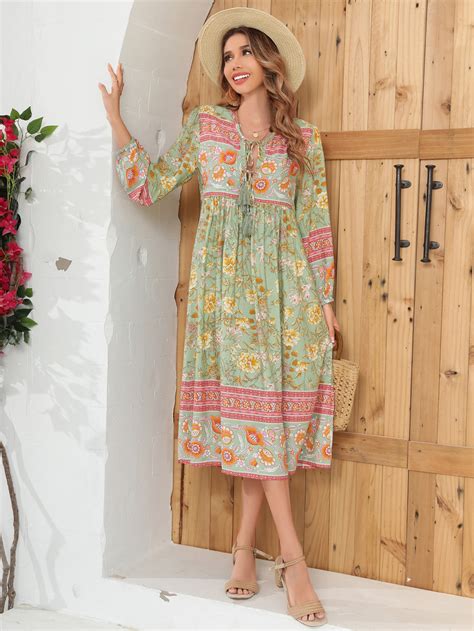 Rvivimos Womens Long Sleeves Floral Print Retro V Neck Tassel Casual Bohemian Midi Dresses