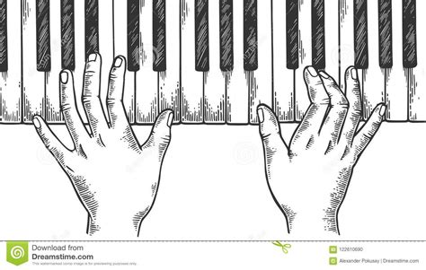 Hands And Piano Engraving Vector Illustration Stock Vector