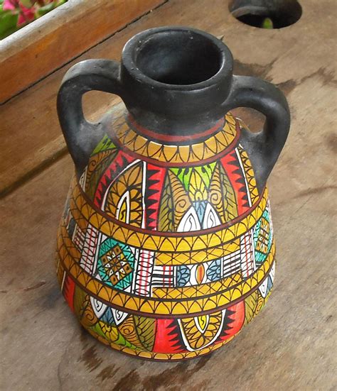 Vintage Clay Pottery Vase With Handles Black Hand Painted Etsy