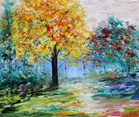Autumn Landscape Oil Painting Fall Trees And Path Palette Knife In