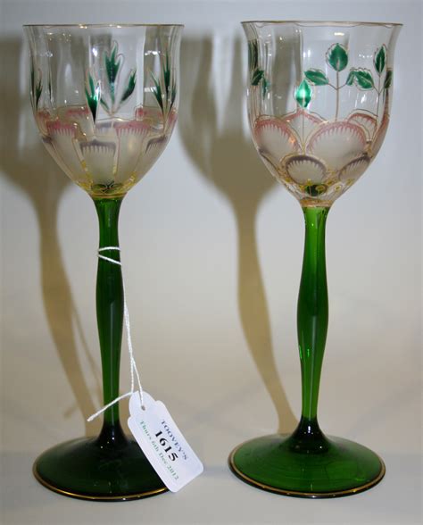 A Matched Pair Of Theresienthal Enamelled Hock Glasses Early 20th Century Each Bowl Enamelled And