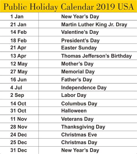 Public Holidays Calendar 2019 Usa 2019calendar 2019holidayscalendar