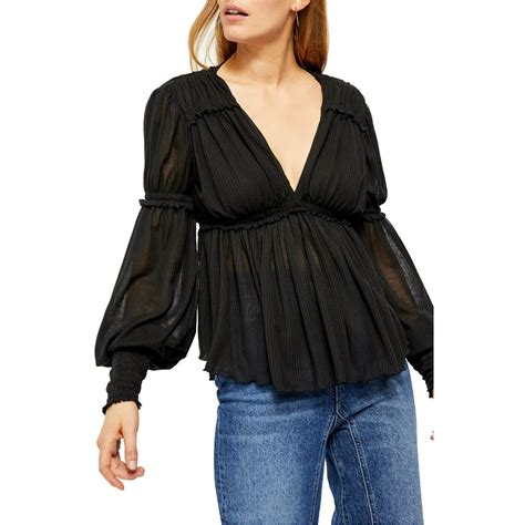 Free People Free People Womens Black Ruffled Solid Long Sleeve V Neck