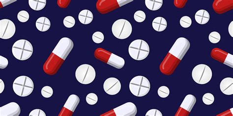seamless vector pattern of red and white capsule pill and a white pills isolated on dark blue