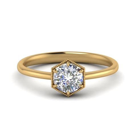 Round Cut Hexagon Solitaire Engagement Ring In 14k Yellow Gold