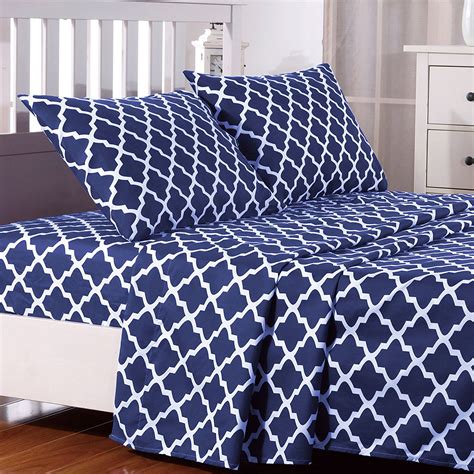 Lux Decor Collection Quatrefoil Bed Sheet Set Queen Navy Blue 4