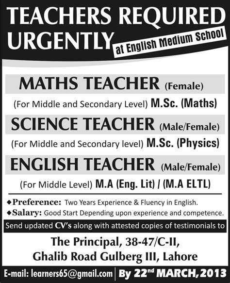 Teaching Staff Required In English Medium School