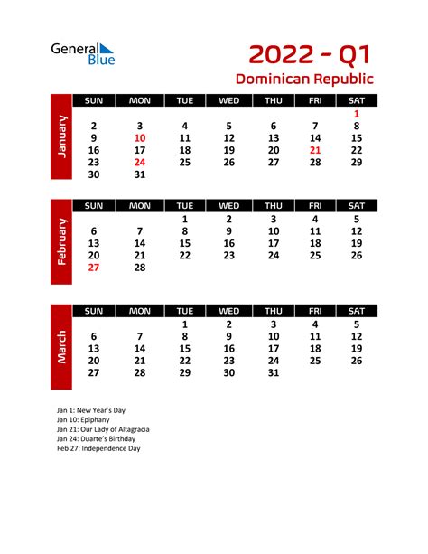 Q1 2022 Quarterly Calendar With Dominican Republic Holidays
