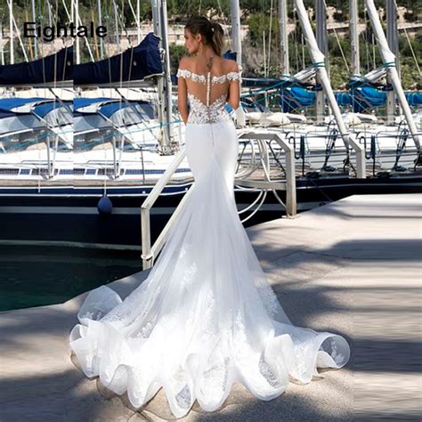 Eightale Mermaid Beach Wedding Dresses 2019 Cap Sleeve O Neck Appliqued