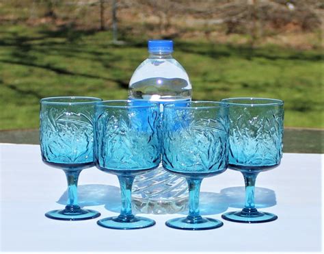 Set Of 4 Blue Stemmed Glasses Blue Embossed Stem Glasses Blue Embossed Leaf Stem Glasses Blue