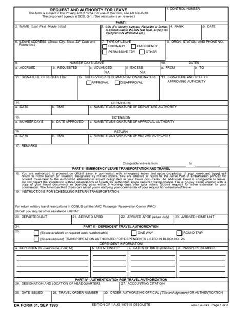 Da Form 31 Download Fillable Pdf Request And Authority For Leave
