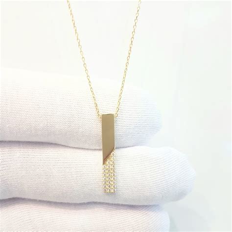 K Real Solid Gold Vertical Bar Half Decorated Cubic Zirconia Pendant