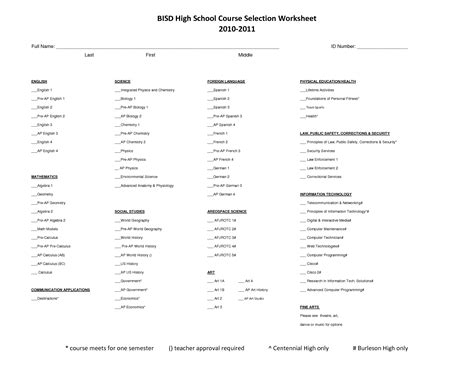 8 best images of high school course selection worksheet