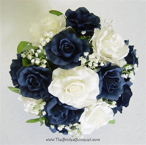 Navy Blue And Ivory Silk Rose Nosegay Artificial Wedding Flowers
