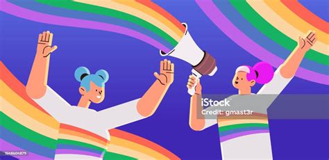 women with lgbt rainbow flags shouting in megaphone gay lesbian love parade pride festival