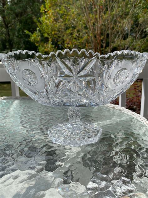 Footed Cut Crystal Oval Bowl With Sawtooth Rim Fan And Flower Etsy