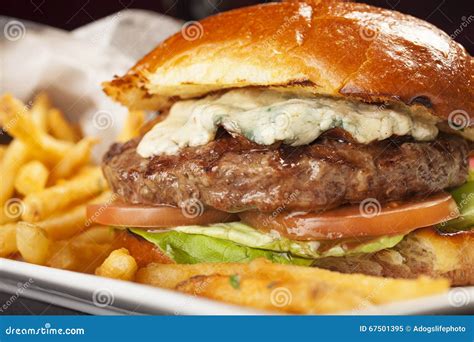 Juicy Beef Burger With French Fries Stock Image Image Of Hamburger