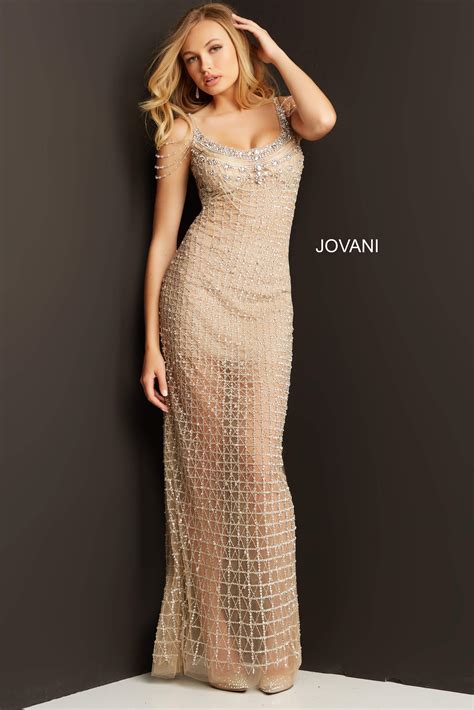 Jovani Nude Silver Scoop Neckline Embellished Prom Gown