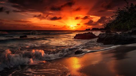 Sunset Over A Beach And Rocks Background Beautiful Sunset Beach Picture Background Image And