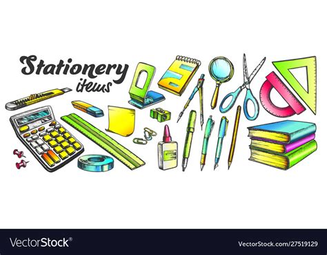 School And Office Stationery Items Color Set Vector Image