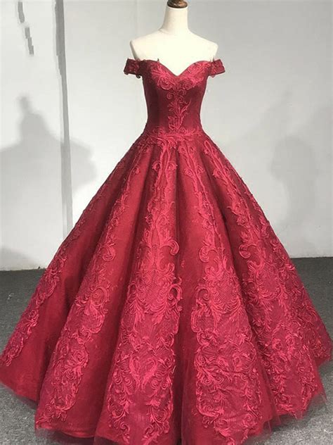 Red Lace Off The Shoulder Princess Ball Gown Gorgeous Prom Dresses Pd