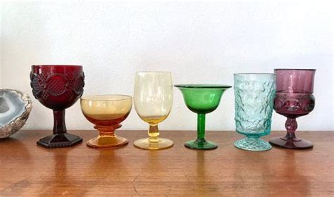 Rainbow Glass Goblet Set Of 6 Vintage Colored Glass Set Etsy Glass Set Colored Glass