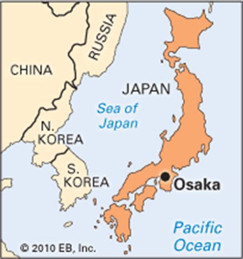 The map shows japan and neighboring countries with international borders, the national capital tokyo, major cities, main roads, and the map shows the location of following japanese cities and towns Osaka: location - Students | Britannica Kids | Homework Help