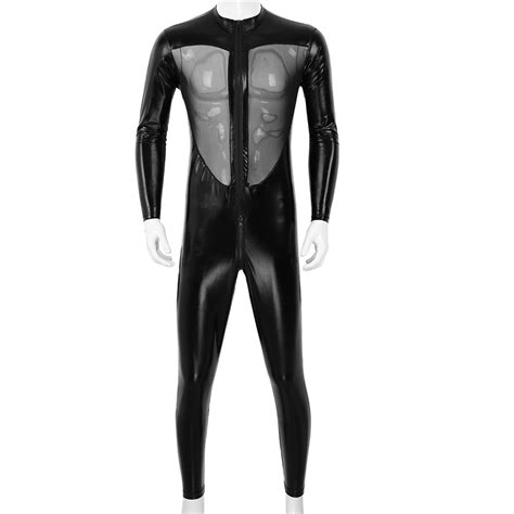 Halloween Black Unisex Sexy Metallic Shiny Zentai Catsuit Men Women Mesh Splice Full Bodysuit