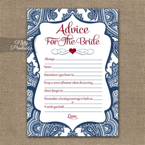 Our bridal shower game cards are a perfect addition for your bridal shower and a great keepsake for brides! Printable Bridal Shower Advice Cards - Navy Blue Damask