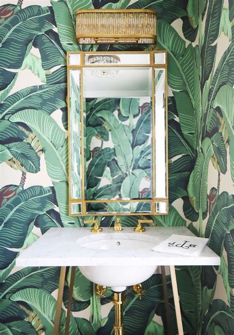 White And Gold Powder Room With Martinique Banana Leaf