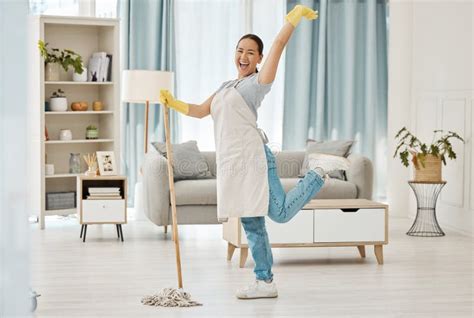 Fun Asian Woman Mop Or Cleaning Living Room With Housekeeping Floor
