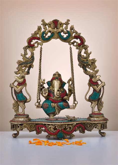 18 Brass Swing Lord Ganesha With Inlay Work Handmade Exotic India Art