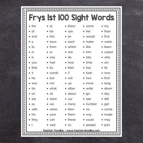 Freebie Frys First 500 Sight Words List Teacher Doodles