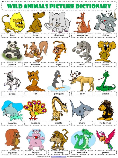 Wild Animals Picture Dictionary Esl Vocabulary Worksheetpdf