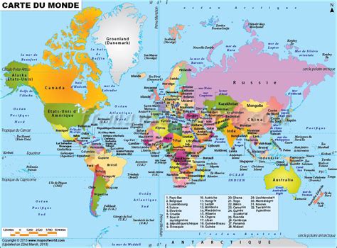 Carte mondiale politique avec le nom des pays et quelques très grandes villes. Carte du monde