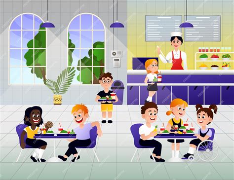 Niños De Dibujos Animados Desayunando En La Escuela Vector Premium