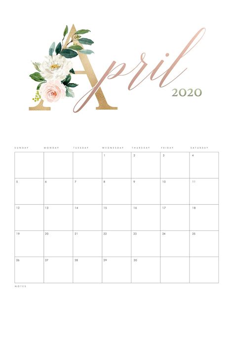 Free April 2020 Floral Calendar Monthly Planner Template Holiday